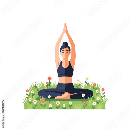 Woman meditating in nature with flowers