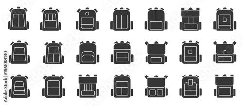 School bag glyph icon set. Contains various models of school bags.