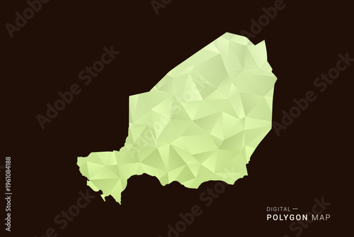 Niger Map - Low poly polygon map in soft light green gradient on dark brown background, modern minimal geometric style, clean abstract vector illustration design.