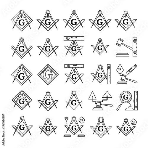 Masonic Square and Compass G Letter Symbols Collection of Freemasonry Emblems Line Art