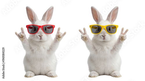 Funny rabbits, white bunnies, wearing sunglasses, peace sign isolated PNG with Transparent Background