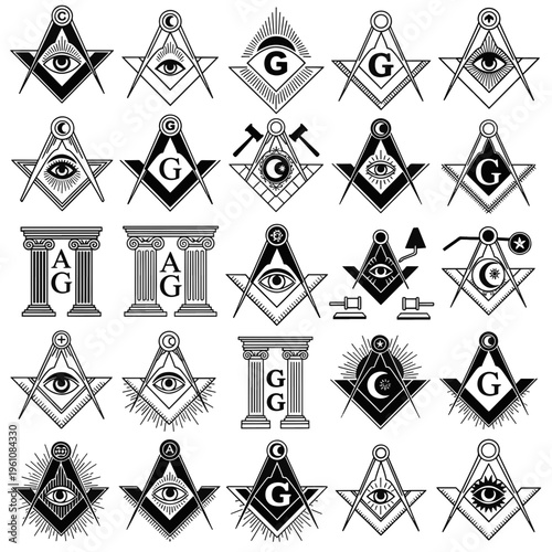 Schilderij op canvas Masonic Symbols Collection Featuring Square Compasses Eye of Providence Letter G