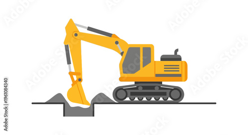 Yellow Excavator Machine Digging a Trench Vector Illustration - Heavy Construction Equipment Flat Icon Isolated on White Background