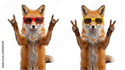 Cool red foxes, wearing sunglasses, peace signs, fun animal duo, trendy wildlife pair isolated PNG with Transparent Background