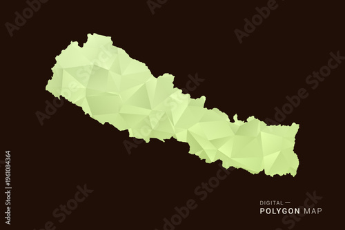 Nepal Map - Low poly polygon map in soft light green gradient on dark brown background, modern minimal geometric style, clean abstract vector illustration design.