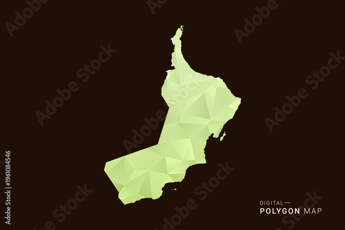Oman Map - Low poly polygon map in soft light green gradient on dark brown background, modern minimal geometric style, clean abstract vector illustration design.