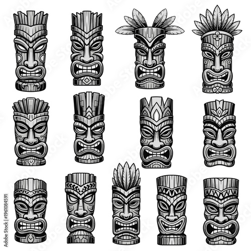 Tiki Mask Collection Vector Illustration with Various Hawaiian Polynesian Tribal Faces