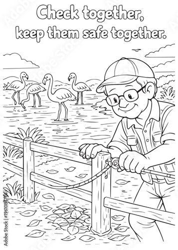 coloring book page grandfather checking the fence together to keep flamingos safe