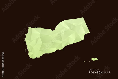 Yemen Map - Low poly polygon map in soft light green gradient on dark brown background, modern minimal geometric style, clean abstract vector illustration design.