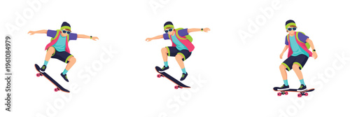 Skateboarder performing tricks with transparent background