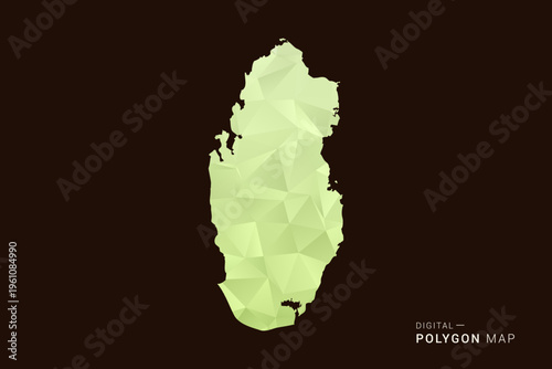 Qatar Map - Low poly polygon map in soft light green gradient on dark brown background, modern minimal geometric style, clean abstract vector illustration design.