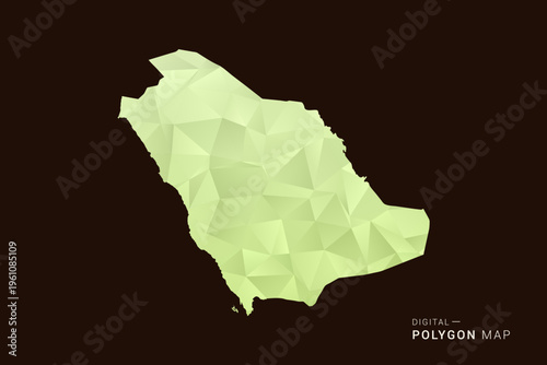 Saudi Arabia Map - Low poly polygon map in soft light green gradient on dark brown background, modern minimal geometric style, clean abstract vector illustration design.