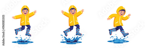 Happy child jumping in puddles with yellow raincoat