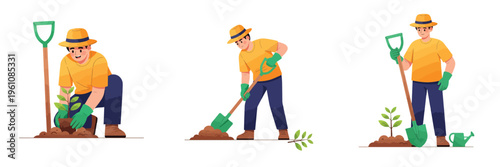 Gardening man planting seedling with shovel