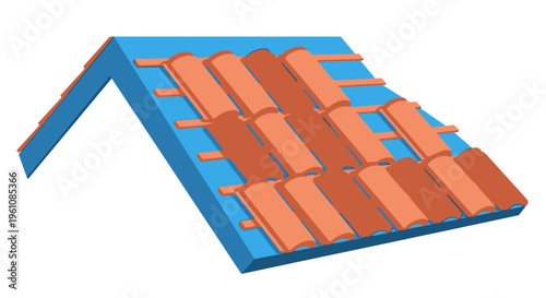 3D Illustration of Red Terracotta Roof Tiles Installation on Wooden Battens and Blue Structure for House Construction and Architecture Concepts