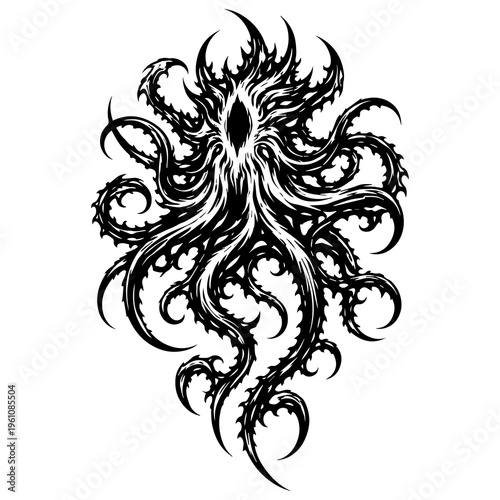 Abstract Alien Octopus Tribal Vector – Dark Biomechanical Tentacle Creature, Black Ink Tattoo Stencil Design