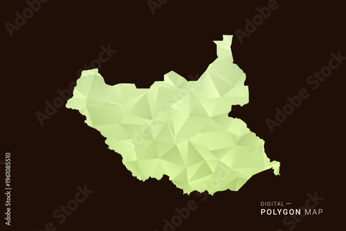 South Sudan Map - Low poly polygon map in soft light green gradient on dark brown background, modern minimal geometric style, clean abstract vector illustration design.