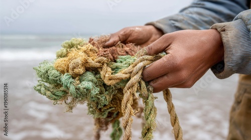 Hands pull tangled plastic waste from ocean showing the struggle against pollution and its impact on marine life