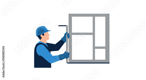 Professional Construction Worker Installing Window Frame Flat Vector Illustration