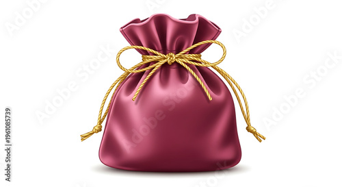 A pink satin pouch with a gold drawstring on a white background