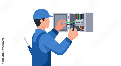 Professional Electrician Technician Repairing Electrical Fuse Box and Circuit Breaker, Flat Vector Illustration Isolated on White