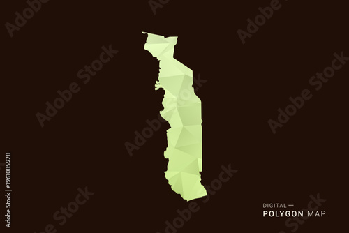 Togo Map - Low poly polygon map in soft light green gradient on dark brown background, modern minimal geometric style, clean abstract vector illustration design.