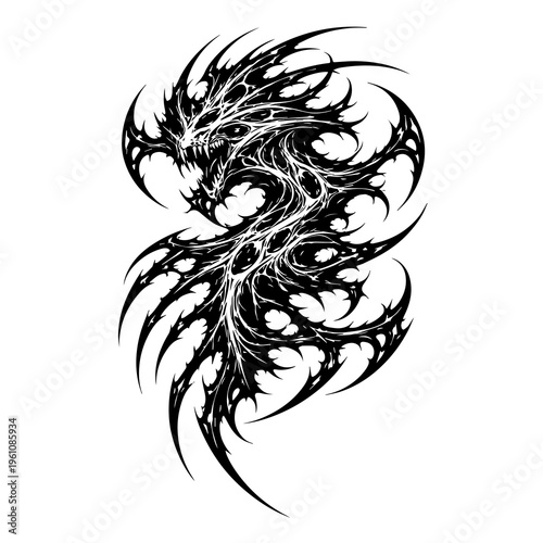 Abstract Alien Monster Tribal Vector – Dark Biomechanical Creature Tattoo, Black Ink Stencil Design