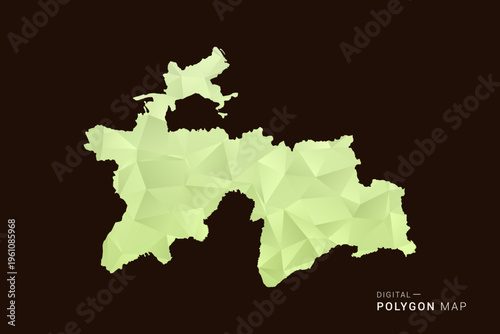 Tajikistan Map - Low poly polygon map in soft light green gradient on dark brown background, modern minimal geometric style, clean abstract vector illustration design.