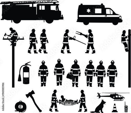 Emergency services set featuring firefighter silhouettes fire truck ambulance rescue helicopter and medical equipment icons on white background for first responder infographics projects