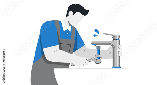 Professional Plumber Repairing Leaking Faucet with Wrench Vector Illustration. Minimalist Flat Style Handyman Fixing Water Tap for Home Maintenance Service.