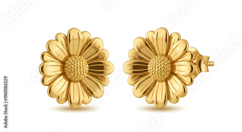 A pair of elegant gold flower earrings on a white background