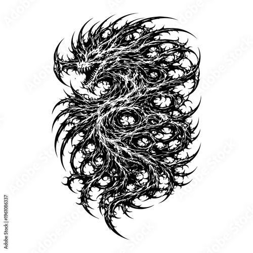 Abstract Tribal Alien Parasite Vector – Dark Biomechanical Organic Tattoo Design, Black and White Stencil Art