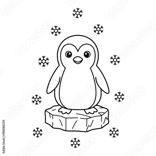 A cute cartoon penguin standing on a block of ice surrounded by snowflakes vactor. Coloring book Design
