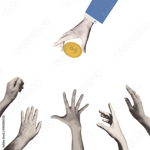 Social inequality and poverty concept. Retro halftone collage of businessman hand giving gold coin to reaching poor hands. Vintage pop art vector illustration for economic crisis and charity poster.