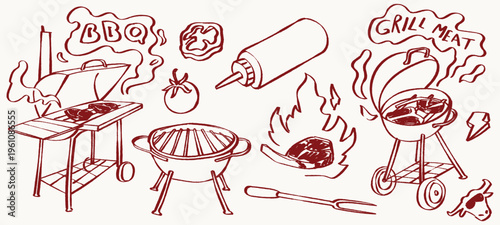 Sketchy barbecue illustration collection with meat, sauces, and grilling equipment. Ideal for backyard cookout flyers, culinary blog graphics, and rustic kitchen decor designs.