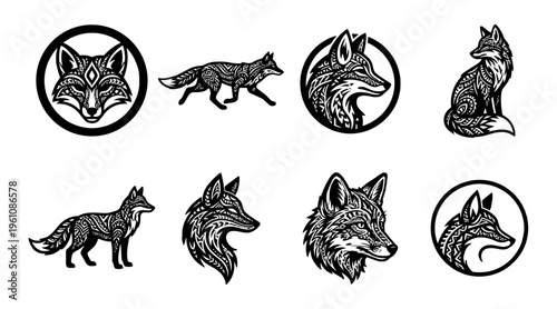 Fox head mascot and full body illustration set featuring detailed geometric patterns and circular emblems in black