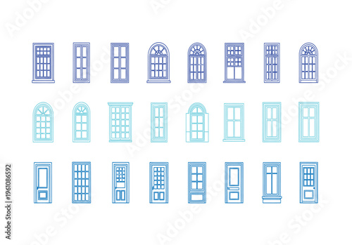 Large collection of blue and teal window frames, diverse architectural elements vector outlines, building elements