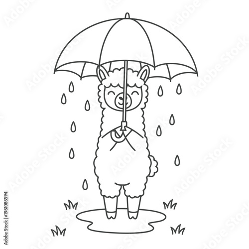 Vactor file on a cute cartoon llama holding an umbrella on a rainy day