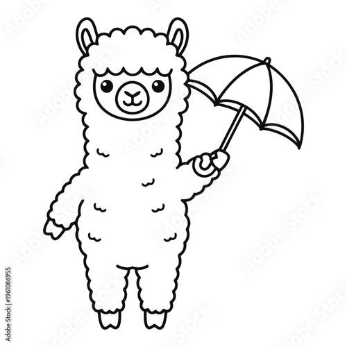 Vactor file on a cute cartoon llama holding an umbrella. Coloring book Design
