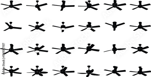 Large collection of ceiling fan silhouettes featuring various modern and classic designs with different blade counts isolated on white background for interior decor projects