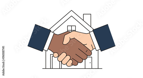 Multicultural Handshake for Real Estate Deal and Property Ownership Agreement in Front of House Icon