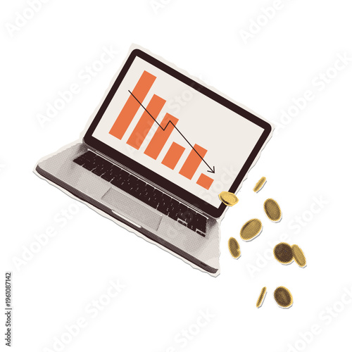 Tech stock market crash and online business failure concept. Tilted laptop with falling chart and spilling coins. Retro halftone collage vector illustration for digital economy and crypto crisis.