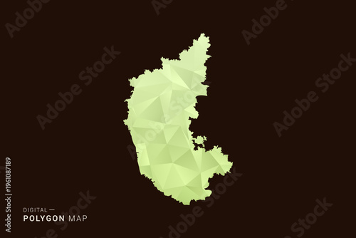 karnataka Map - Low poly polygon map in soft light green gradient on dark brown background, modern minimal geometric style, clean abstract vector illustration design.