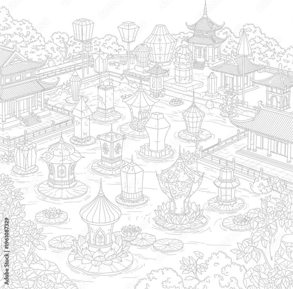 Fototapeta premium Intricate illustration of a traditional Asian garden with lanterns