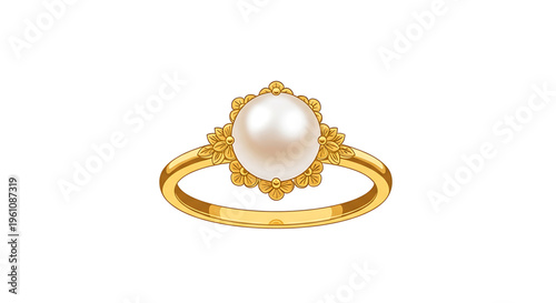 A luxurious gold ring featuring a large pearl surrounded by intricate floral details, symbolizing elegance and sophistication.