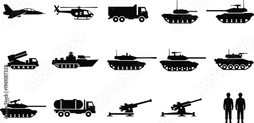 Military vehicles and army silhouettes set featuring tanks fighter jet helicopter soldiers artillery trucks and armored transport icons on white background for infographics