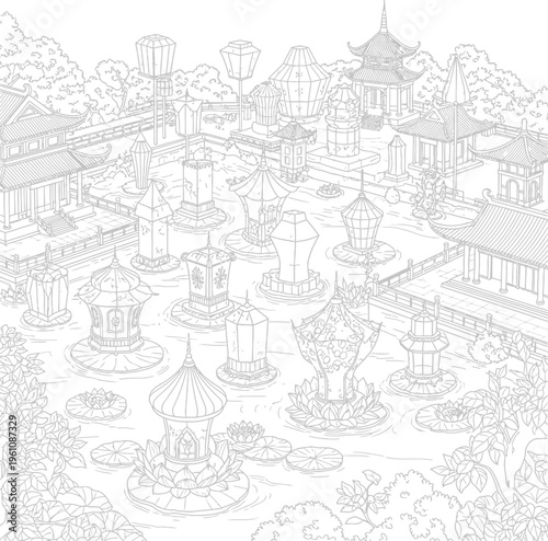 Intricate illustration of a traditional Asian garden with lanterns
