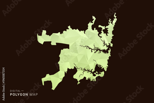 Sydney Map - Low poly polygon map in soft light green gradient on dark brown background, modern minimal geometric style, clean abstract vector illustration design.