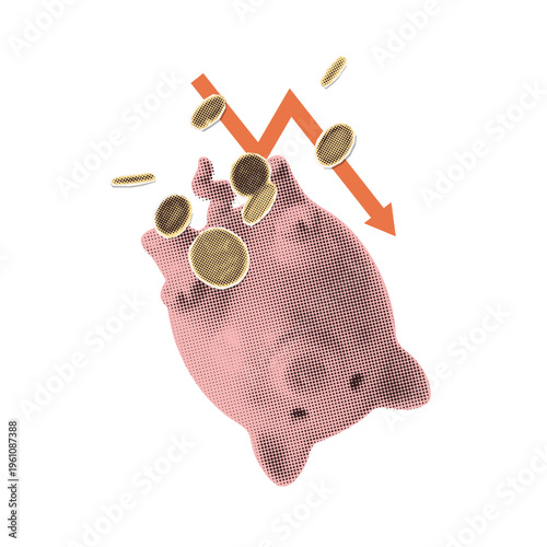 Financial freefall and plunging savings concept. Upside down falling piggy bank with red downward arrow and coins. Retro pop art halftone collage vector illustration for economic crisis metaphor