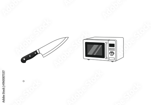 Kitchen appliances and utensils: chef's knife and microwave oven, cooking vector icons, kitchen appliance
